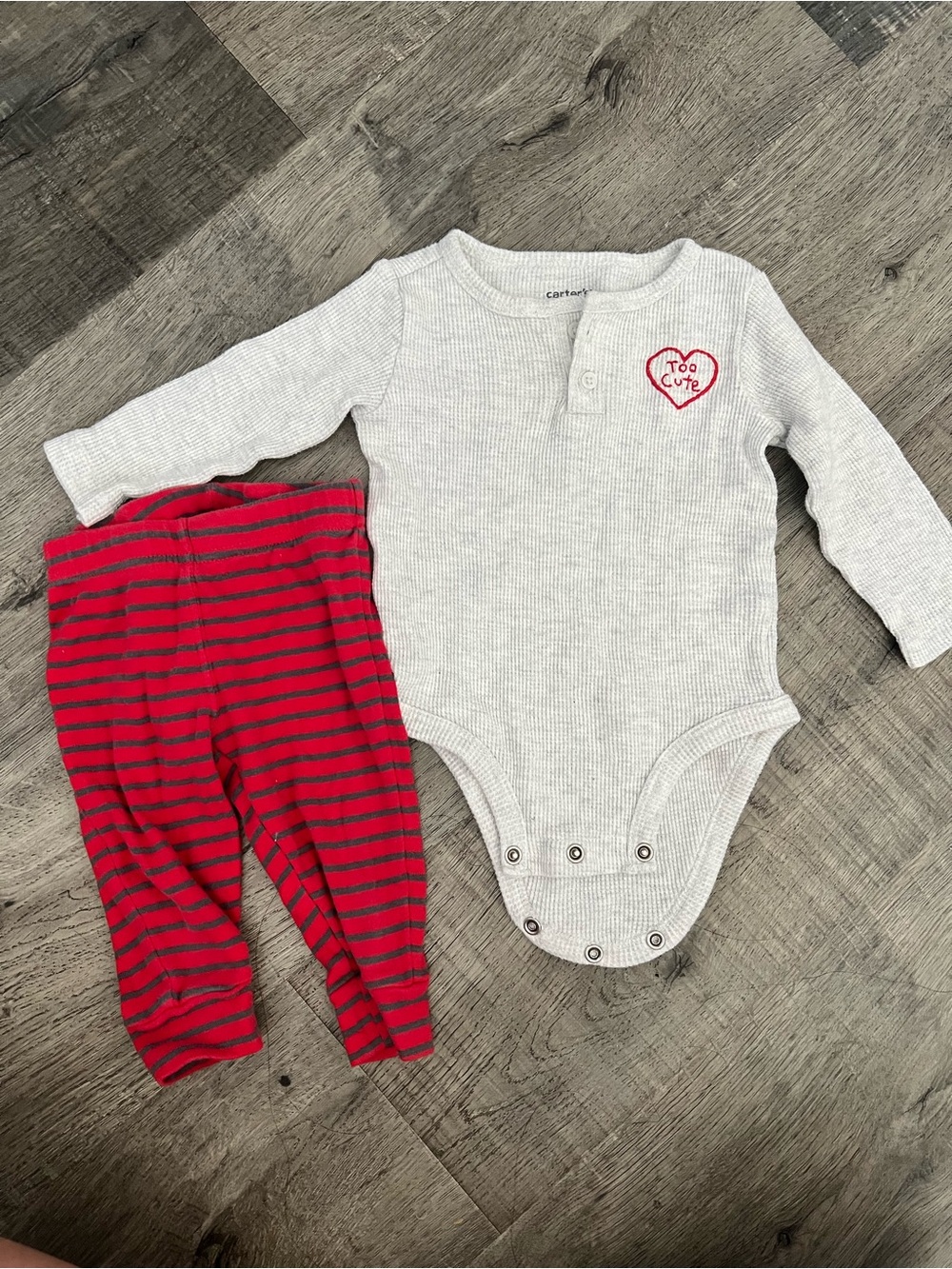 Carter's Cream Waffle One-Piece with Red and Gray Striped Pants